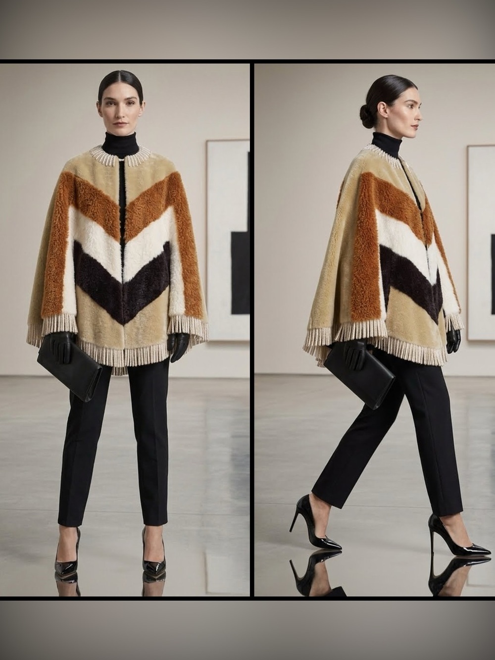 Maje Wool Blend Chevron Quiet Luxury Lagenlook Old Money Sherpa Cape Sweater OS